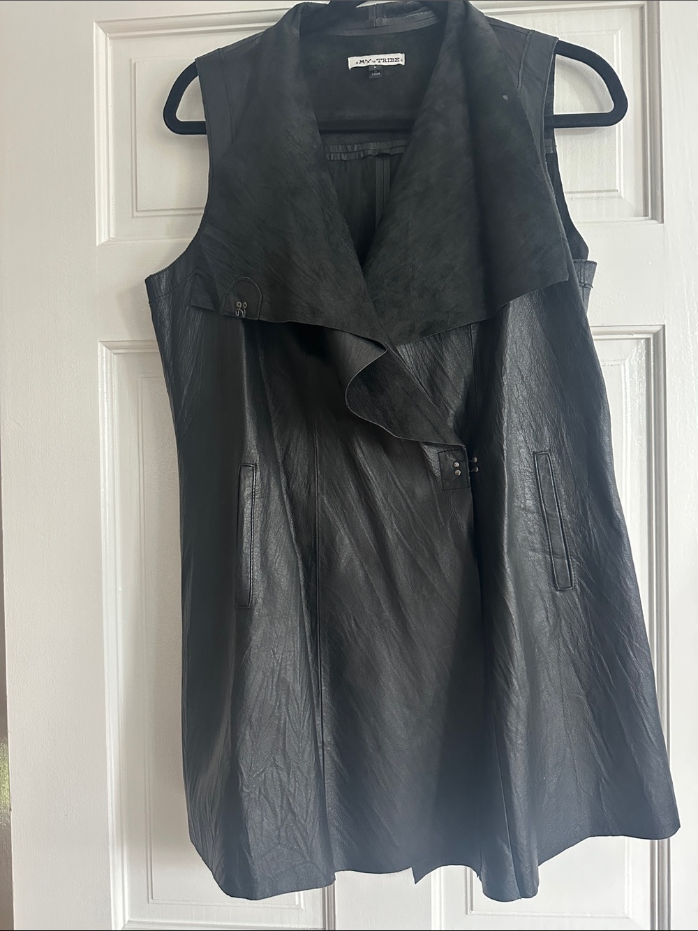 My Tribe Black Leather Draped Sleeveless Vest